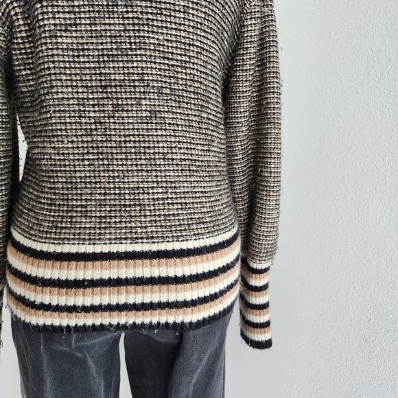 Vintage 90s Y2K Tan Black Knit Crew Neck Sweater Minimalist Fall Pullover L - Picture 8 of 10